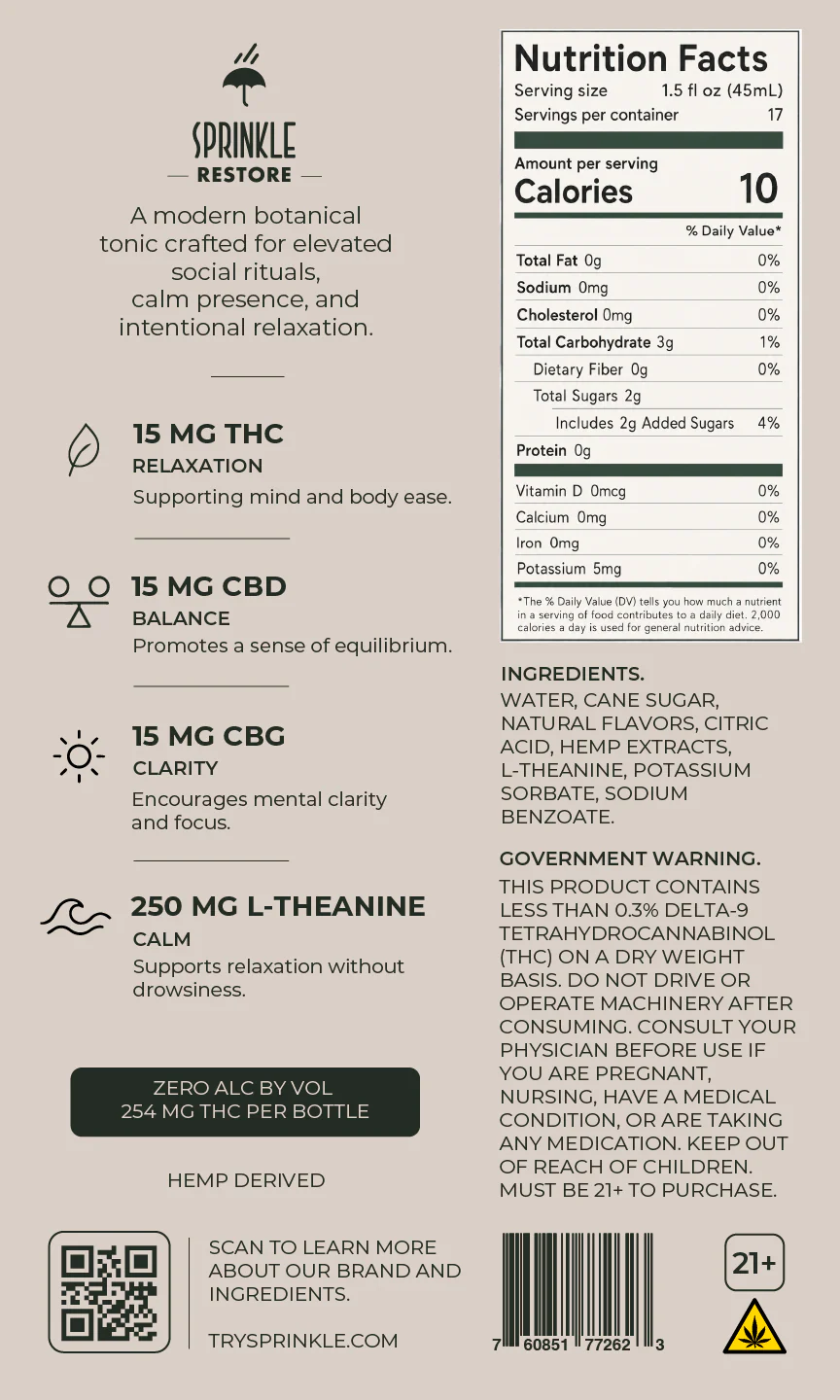 *Limited Edition Release* Sprinkle Restore 15mg THC Social Tonic | 750mL Bottle - Image 5
